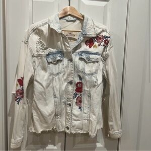 Hollister Women's White Denim Jacket with Floral Embroidery